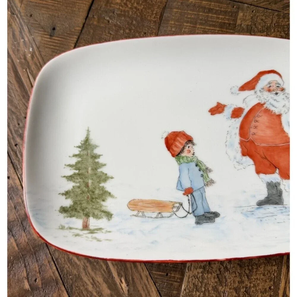 Hand Painted Ceramic Christmas Santa 10” Platter Whimsical Plate Sledding Tree